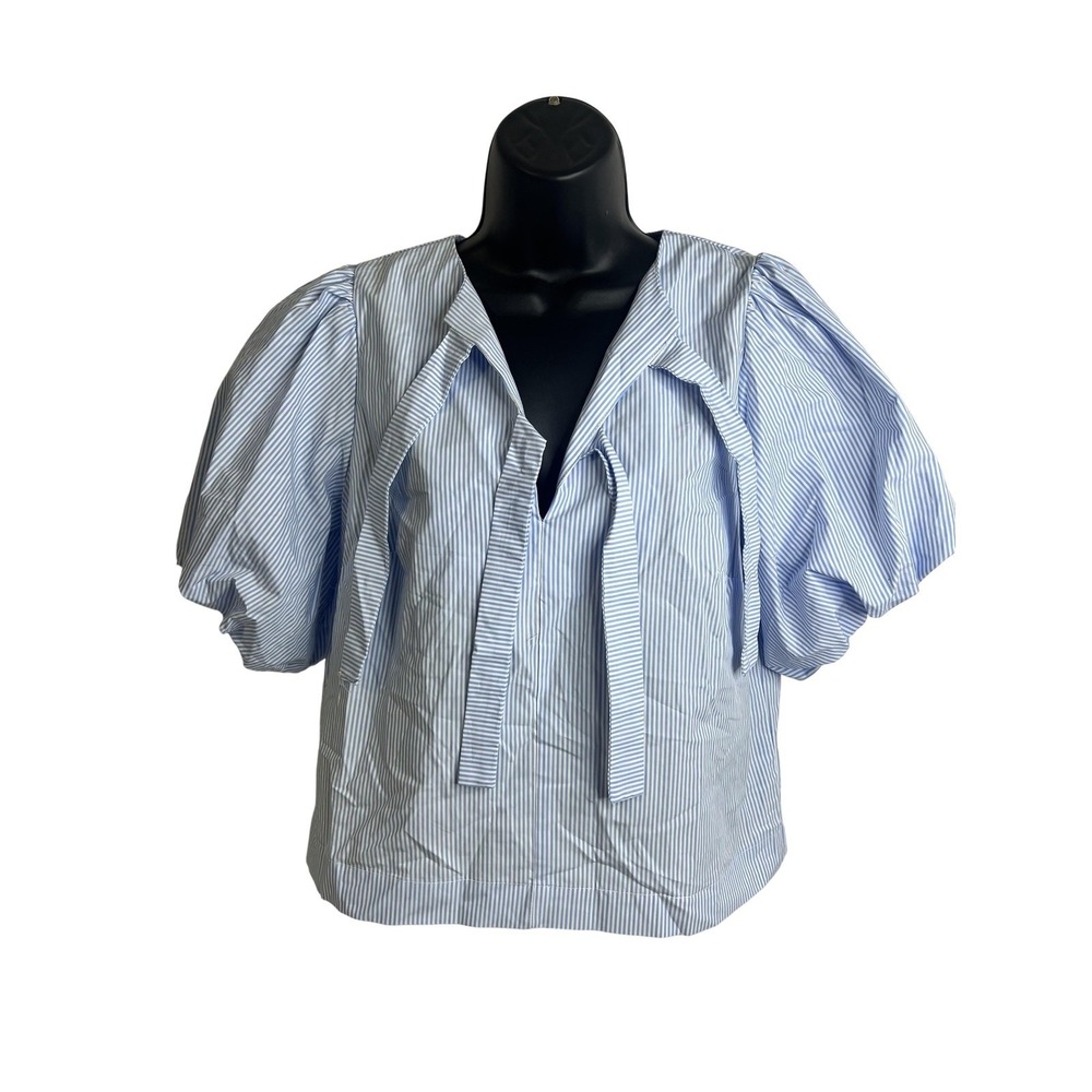 Kate Spade Shirt Womens XXS Blue White Striped Puff Sleeve Bow Cotton Blouse Top